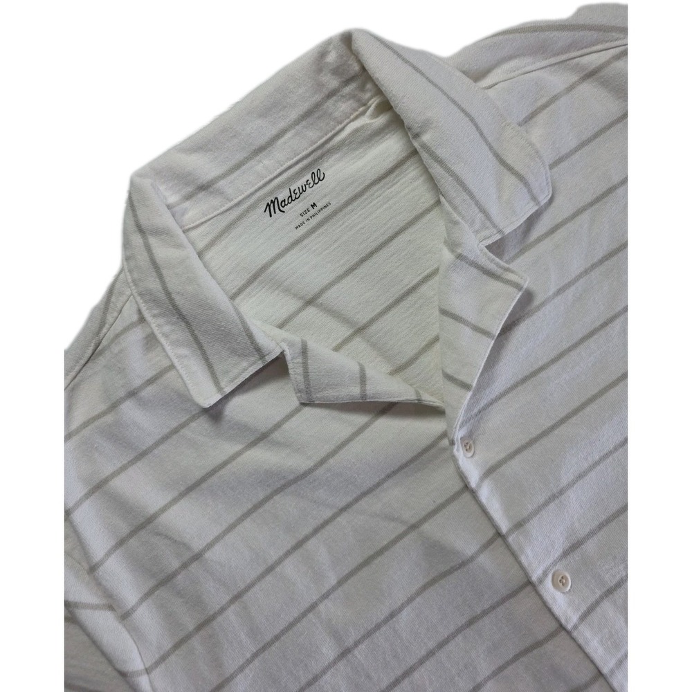 Madewell Button Up Knit Cotton Sweater Polo Mens M Crème/White Beige Striped